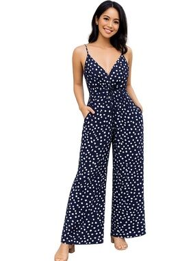 ASOS Navy w/White Polka Dot Wide-Leg Jumpsuit, Party, Vacation, Date, 10P